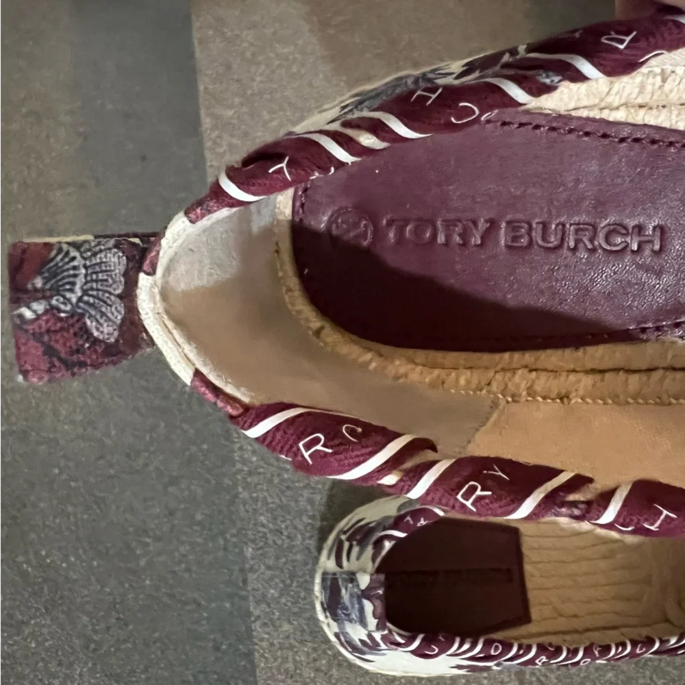 TORY BURCH Grosgrain Whipstitch Floral Imperial Garnet Espadrilles Flat,Sz 7,NIB